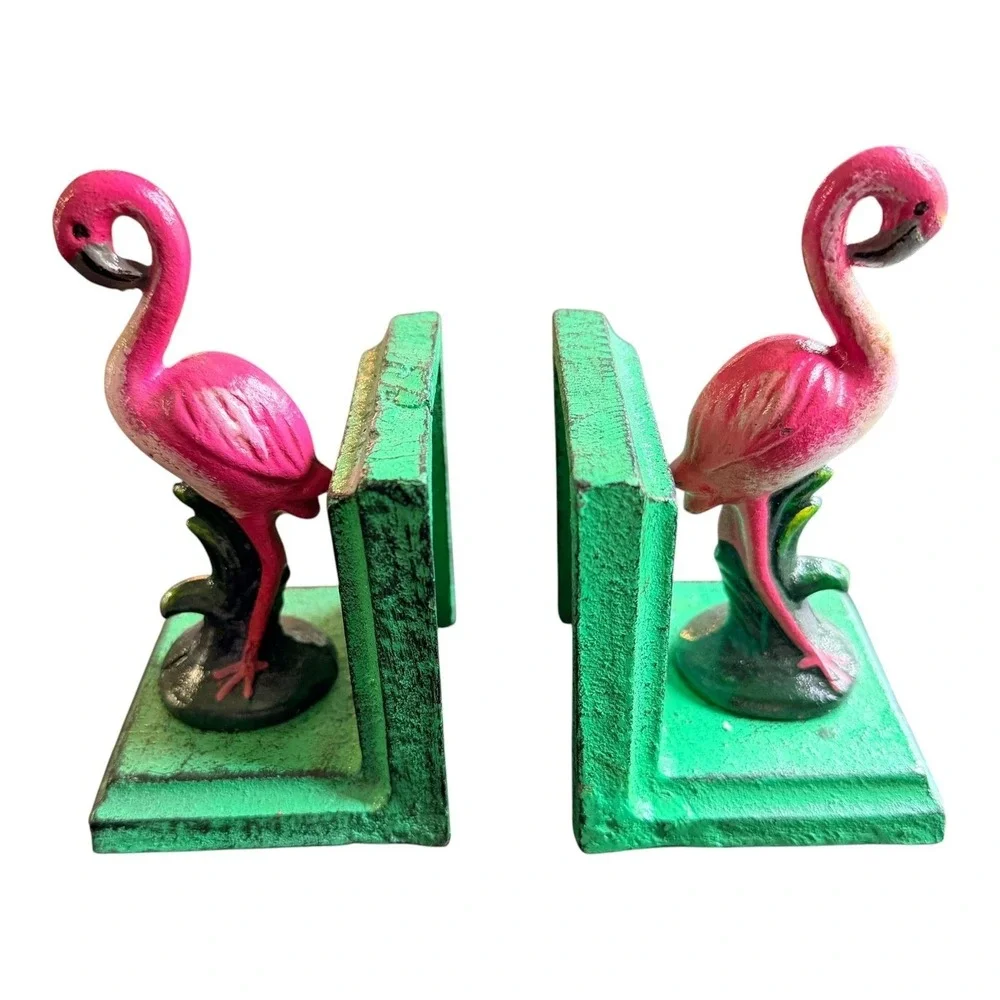 Pink Flamingo Cast Iron Bookends Pair Tropical Coastal Vintage Style